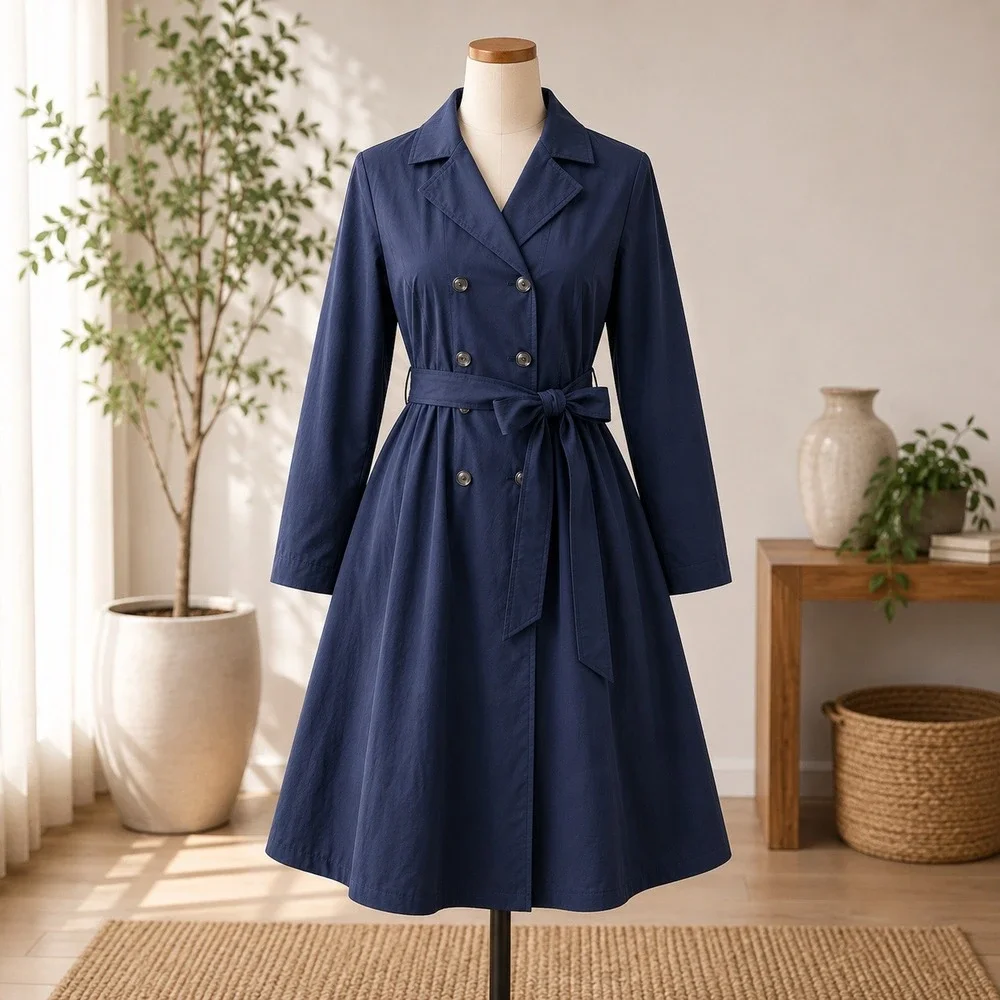 Beautiful by Lawrence Zorian Trench Coat Womens 1X Navy Pleated Back Belted Long